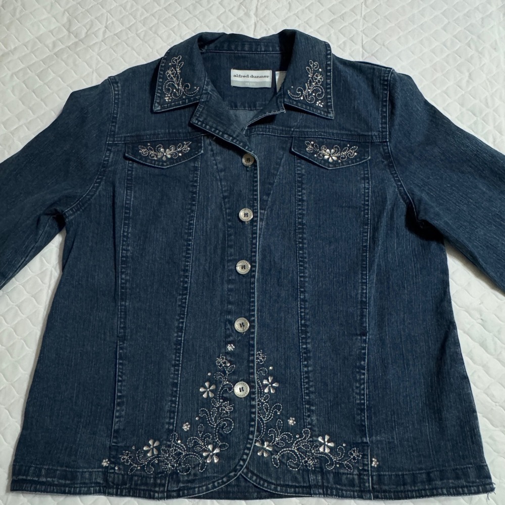 Alfred Dunner 8P Petite Denim Jacket Dark Wash Floral Embroidered Rhinestone